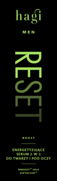 Czarne opakowanie Hagi Men RESET serum 2-w-1 do twarzy i pod oczy z dużym, zielonym, pionowym napisem RESET.