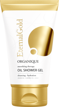 EternalGold Organique olejek pod prysznic w białej tubie ze złotymi elementami, widok z przodu.