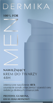 Dermika 100% MEN nawilżający krem do twarzy z proteinami i guaraną, niebieska butelka z pompką.