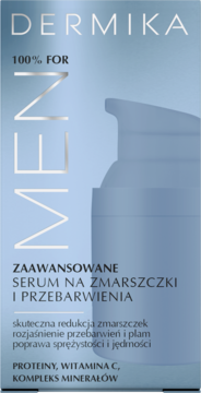 DERMIKA 100% FOR MEN zaawansowane serum na zmarszczki i przebarwienia w niebiesko-srebrnym pudełku.