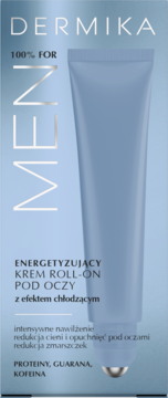 DERMIKA 100% FOR MEN energetyzujący krem roll-on pod oczy z efektem chłodzącym, jasnoniebieska tubka.