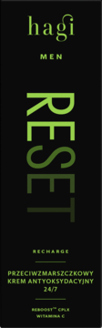 Hagi Men RESET, przeciwzmarszczkowy krem antyoksydacyjny, czarne opak. z zielonym tekstem, widok z przodu.