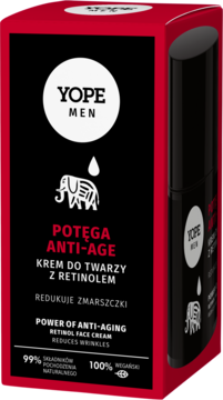 YOPE MEN Krem do twarzy z retinolem w czerwono-czarnym opakowaniu, widok z boku, częściowo widoczna butelka.