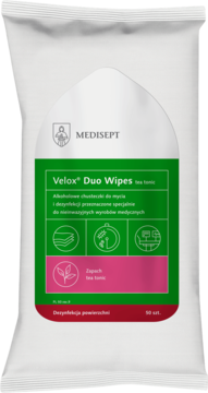Biała saszetka Velox Duo Wipes z zielono-różową etykietą, widok z przodu, 50 alkoholowych chusteczek do dezynfekcji.