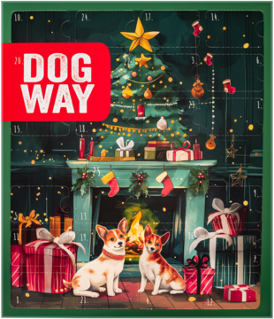 Kalendarz adwentowy Dogway: dwa psy siedzą przed kominkiem i choinką z prezentami, świąteczna ilustracja.