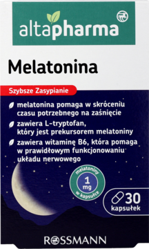 Altapharma Melatonina Szybsze Zasypianie 1mg, białe opakowanie z zielono-niebieskim wzorem księżyca, widok z przodu.