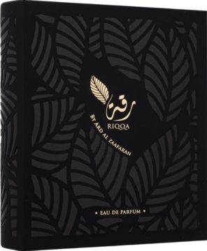 Czarne opakowanie wody perfumowanej Ard Al Zaafaran Riqqa, ze złotym logo i błyszczącym wzorem liści, widok z przodu.