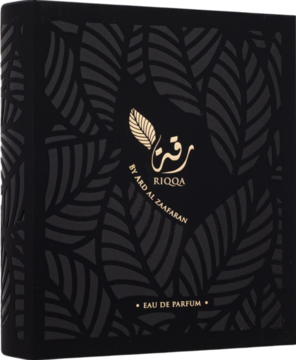 Czarne opakowanie wody perfumowanej Ard Al Zaafaran Riqqa, ze złotym logo i błyszczącym wzorem liści, widok z przodu.
