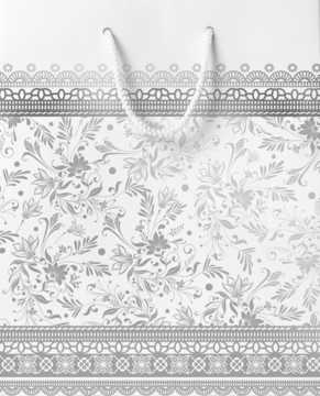 Luksusowa biała torebka prezentowa z srebrnym kwiecistym wzorem i koronkowymi bordiurami, widok z przodu.