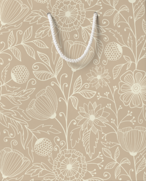 Duża, luksusowa torba prezentowa. Beżowa, z białym, wyrafinowanym wzorem kwiatowym i sznurkowymi uchwytami.