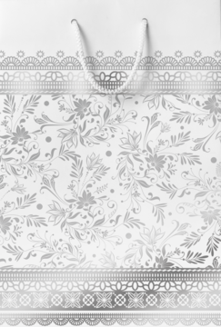 Luksusowa biała torebka prezentowa ze srebrnym, kwiecistym wzorem i uchwytem z plecionego sznurka.