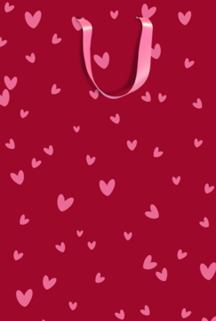 Czerwona torebka prezentowa na walentynki z różowymi sercami i uchwytem z satynowej wstążki, widok z przodu.