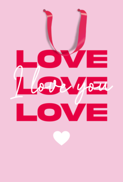 Jasnoróżowa torebka prezentowa z czerwonym napisem LOVE, I love you, LOVE, białym sercem i czerwonymi uchwytami, widok z przodu.