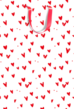 Luksusowa biała torebka prezentowa na walentynki, pokryta czerwonymi sercami i kropkami, z uchwytem z tasiemki.