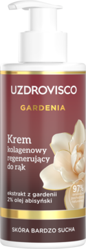 UZDROVISCO GARDENIA krem kolagenowy do rąk do skóry bardzo suchej, ciemnobrązowa butelka z pompką, front.