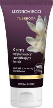 Fioletowy krem UZDROVISCO TUBEROZA do rąk, wygładzający i nawilżający do suchej skóry, widok z przodu.