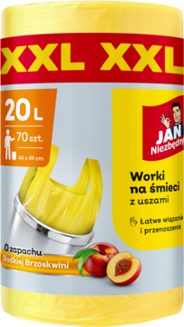 JAN Niezbędny worki na śmieci 20L o zapachu słodkiej brzoskwini, żółta rolka, widok z przodu.