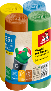 Cztery rolki kolorowych worków na śmieci Jan Niezbędny do segregacji 35L, zawiązywane, żółty, brąz, niebieski, zielony.