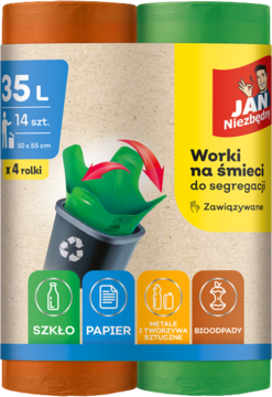 Jan Niezbędny: worki na śmieci 35L, 4 rolki, do segregacji, z wiązanymi uszami, front opakowania.
