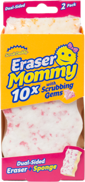 Front view of Scrub Daddy Eraser Mommy 2-pack dual-sided sponges in yellow & pink box, white with red speckles.