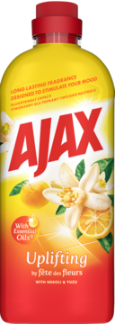 Płyn uniwersalny Ajax Uplifting Neroli & Yuzu, żółta butelka, kwiaty pomarańczy i yuzu, widok z przodu.