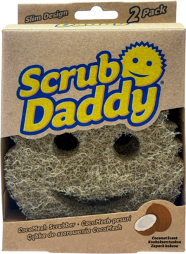 Scrub Daddy CocoMesh Scrubber Slim Design 2-pack w tekturowym opakowaniu. Brązowa gąbka z uśmiechem.
