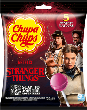 Czerwone opakowanie Chupa Chups Stranger Things z bohaterami serialu i różowym lizakiem. 10 lizaków w 5 smakach.