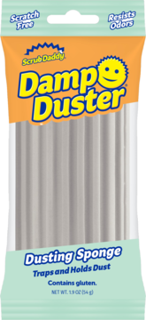 Scrub Daddy Damp Duster dusting sponge. Grey ribbed sponges in orange/green pouch, front view, scratch-free, resists odors.