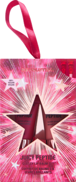 Revolution Juicy Peptide Glossy Lip Balm Gift Set, różowe opakowanie z gwiazdą, w środku dwa balsamy, widok z przodu.