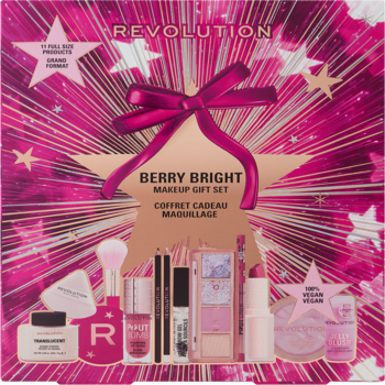 Revolution Berry Bright Makeup Gift Set, różowe pudełko z gwiazdami, 13 produktów do makijażu, widok z przodu.