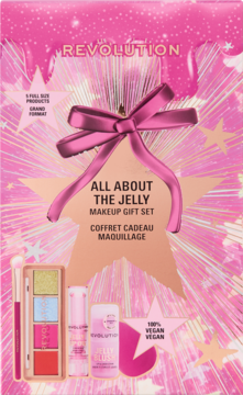 Revolution All About The Jelly Makeup Set, różowe pudełko z zestawem 5 wegańskich produktów, widok z przodu.