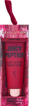Revolution Juicy Peptide Glossy Lip Balm Candy Cane, w czerwonej tubce, w świątecznym opakowaniu prezentowym z aplikatorem, widok z przodu.