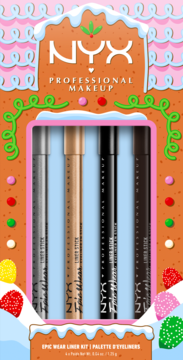 NYX Professional Makeup Epic Wear Liner Stick Kit w pudełku-pierniczku. 4 kredki do oczu: srebrna, złota, czarna, brązowa.