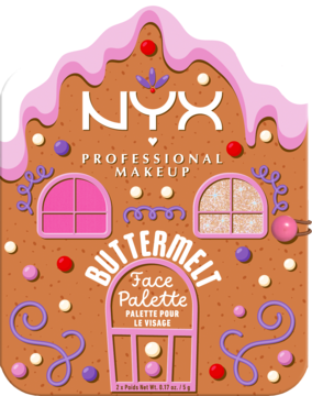 Paleta NYX Buttermelt Face Palette w kształcie piernikowego domku, ozdobiona różowym lukrem i kolorowymi cukierkami, widok z przodu.