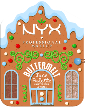 Świąteczna paleta NYX Buttermelt w kształcie piernikowego domku, z białym lukrem i cukierkami.