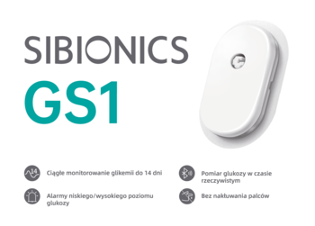 Biały owalny monitor glukozy SIBIONICS GS1 CGM. Urządzenie mierzy cukier bez nakłuwania, na białym tle.