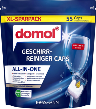 Domol XL-SPARPACK granatowe opakowanie kapsułek do zmywarki All-in-One, 55 sztuk, z logo i widoczną rozpuszczającą się kapsułką.