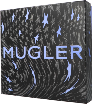 Pudełko zestawu Mugler Angel: czarne z srebrno-niebieskimi gwiazdami, falistym wzorem i napisem MUGLER, widok z przodu.