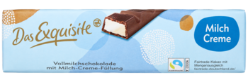 Das Exquisite czekolada mleczna z kremowym nadzieniem, niebieskie opakowanie z napisem 'Milch Creme', widoczny przekrój.