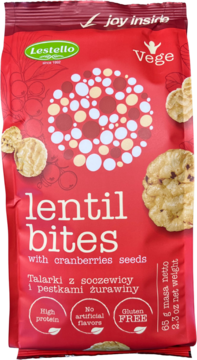 Czerwona torebka Lestello lentil bites z pestkami żurawiny, widok przód. "Gluten FREE", "High protein".