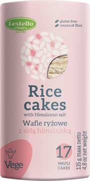 Różowa tuba Lestello wafli ryżowych z solą himalajską, front opakowania z grafiką ryżu i detalami.