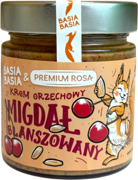 Basia Basia Krem Orzechowy Migdał Blanszowany, słoik z pomarańczową etykietą, wiewiórka, wiśnie, widok z przodu.