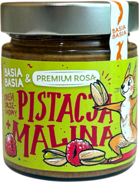 Słoik kremu orzechowego Basia Basia Pistacja Malina, zielona etykieta z wiewiórką, pistacjami i malinami, widok z przodu.