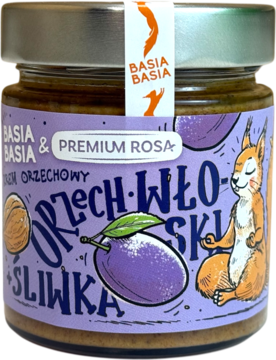 Krem orzechowy Basia Basia Orzech Włoski + Śliwka bez cukru w słoiku, fioletowa etykieta z wiewiórką, widok z przodu.