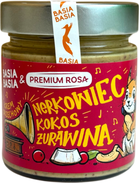 Słoik kremu BASIA BASIA Nerkowiec Kokos Żurawina, czerwona etykieta z wiewiórką, żółtym napisem. Widok z przodu.