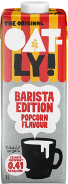Oatly Barista Edition Popcorn Flavour 1L, karton: góra w paski, dół szary z grafiką kubka kawy.