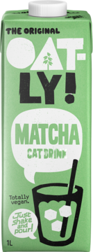 Zielony karton Oatly Matcha Oat Drink. Widok z przodu, z logo Oatly, grafiką matchy w szklance z lodem. Tekst 'Totally vegan', 1L.