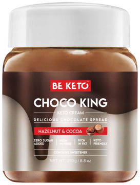 Keto Krem Choco King w słoiku, czekoladowo-orzechowy krem Be Keto, widok z przodu.