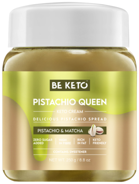 Krem Be Keto Pistachio Queen, zielony słoik, biała nakrętka, pistacjowy keto krem z matchą, z przodu.