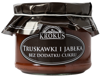 KROKUS powidła truskawkowo-jabłkowe bez cukru, szklany słoik z ciemną zakrętką, widok z przodu.